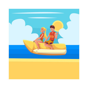 对年轻的夫妇，男人和女人，骑香蕉船水活动