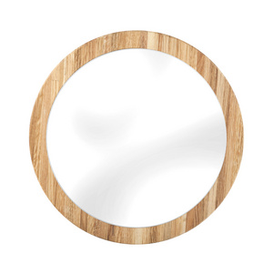 在橡木木制框架上白色孤立圆形的镜子