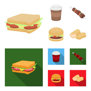 三明治, 咖啡, 羊肉串烤肉串, 汉堡。快餐集图标卡通, 平面矢量符号股票插画网站
