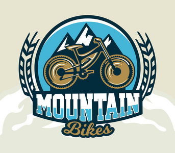 自行车和山脉的标志.极限运动.随心所欲, 下坡, 越野.徽章盾牌, 刻字.