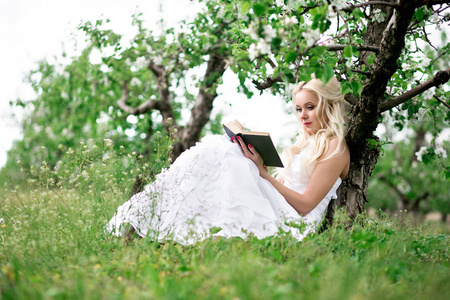 令人惊异的金发女郎坐在草地上看书在 bloomi