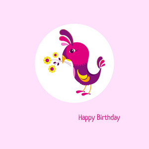 卡通生日贺卡与可爱的鸟和花束