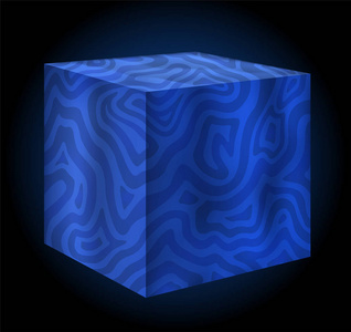 抽象例证与3d 闪亮的蓝色立方体和波浪在它在黑色背景上