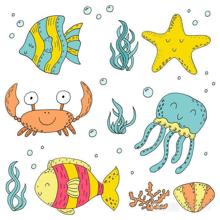 例证矢量涂鸦集海洋生物的元素。水下世界收藏。图标和符号手绘素描图