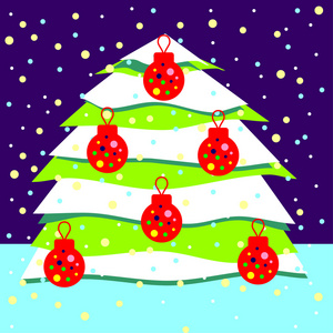 矢量图的冰雪覆盖的圣诞树装饰着红球