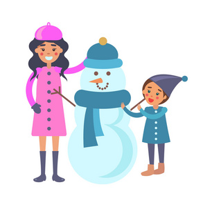母亲和孩子做雪人矢量插图