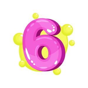 六粉红色光泽明亮的数字, 孩子在白色背景上的字体矢量插图照片