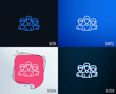 小故障霓虹灯效果组行图标。用户或团队的标志。男女人物剪影符号。时髦的平面几何设计。矢量