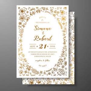 金色矢量婚宴请柬, 手拉枝, 花和 brahches。金黄植物模板为婚礼邀请, 保存日期卡片, 问候卡片, 地方为您的文本, 可