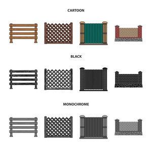 一块金属和砖块的栅栏, 木栅栏。不同的围栏集合图标在卡通, 黑色, 单色风格矢量符号股票插画网站
