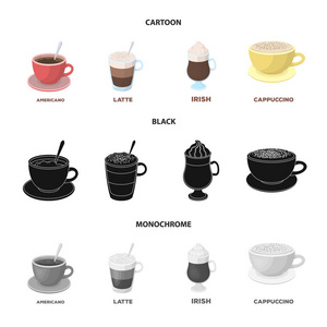 美国, 晚, 爱尔兰, 卡布奇诺。不同类型的咖啡集合图标在卡通, 黑色, 单色风格矢量符号股票插画网站