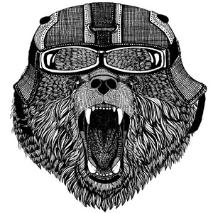 棕色熊俄罗斯熊动物戴 motorycle 头盔。幼儿园儿童服装的形象, 孩子们。t恤, 纹身, 徽章, 徽章, 徽标, 补丁