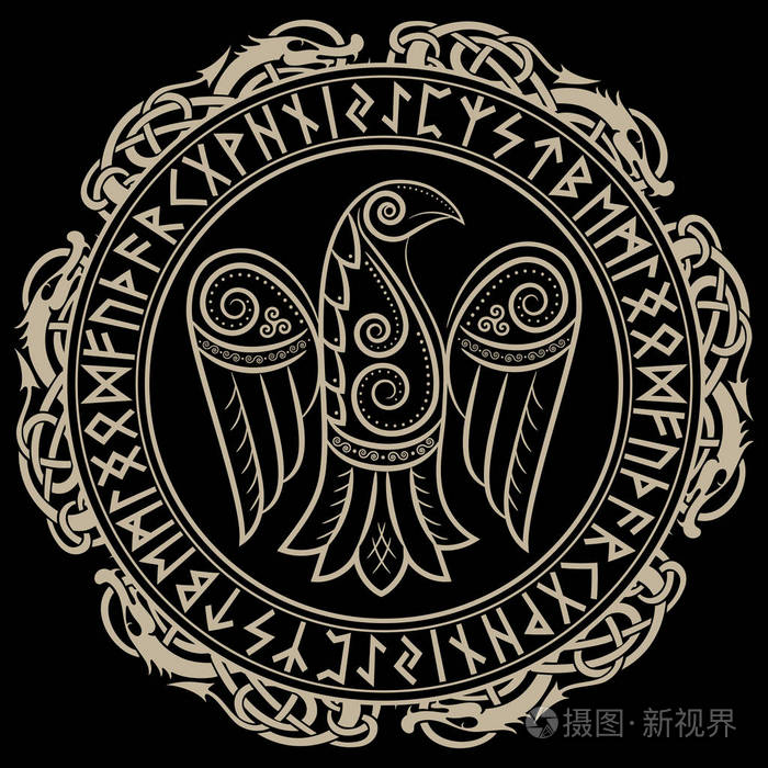 乌鸦在凯尔特人斯堪的纳维亚风格和北欧符文的设计