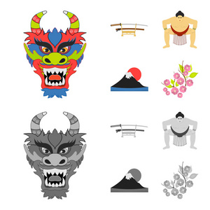 龙面具, katano, 人是相扑手, fujiama 山。日本集合图标在卡通, 单色风格矢量符号股票插画网站