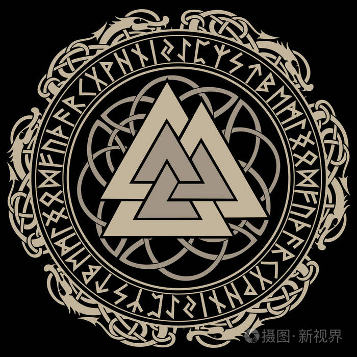 walknut,神奥丁的标志装饰饰品的斯堪的纳维亚织造和挪威符文一环