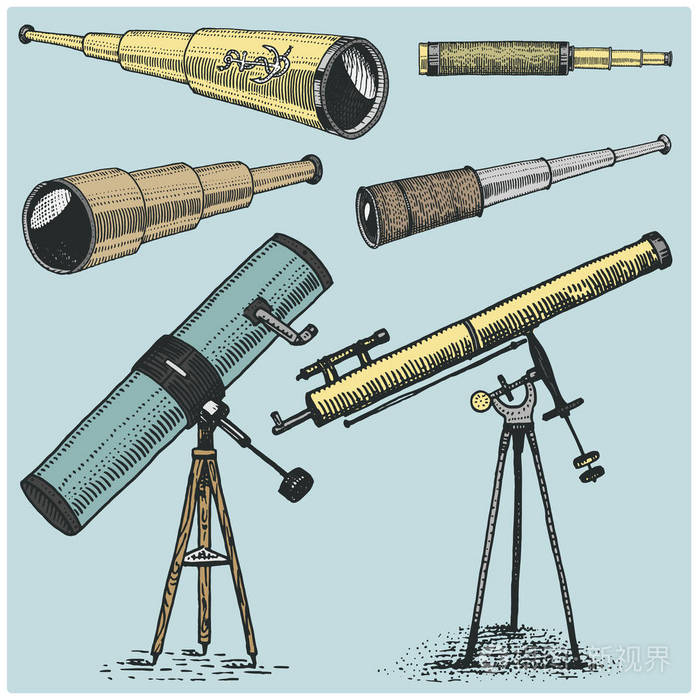 集天文仪器望远镜头盔和双筒望远镜象限六分仪刻在老式手绘或木头切割