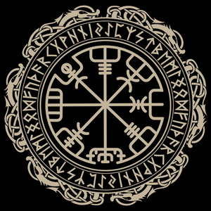 维京人设计。神奇的符文罗盘 Vegvisir，在北欧符文和龙的圈子