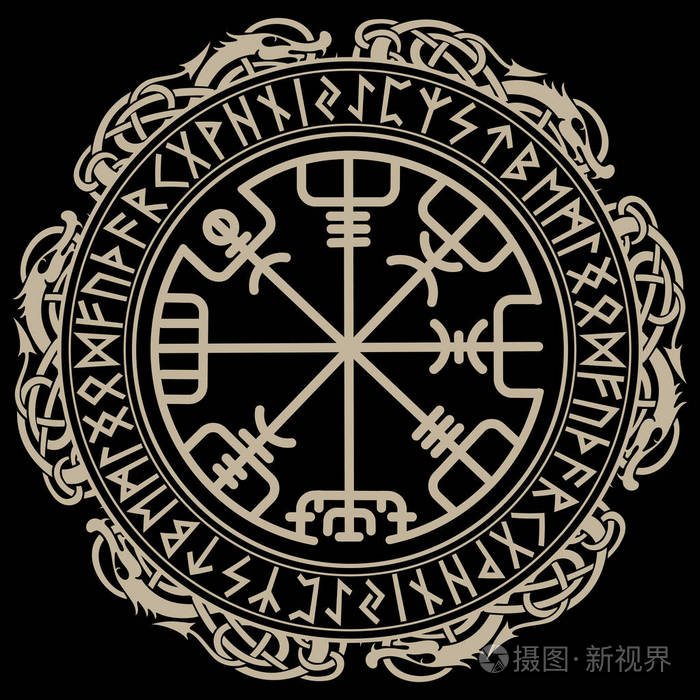 维京人设计神奇的符文罗盘vegvisir在北欧符文和龙的圈子