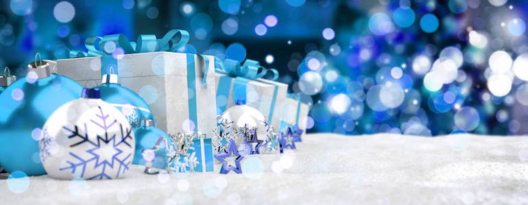 蓝色和白色圣诞礼物和小玩意 3d 渲染