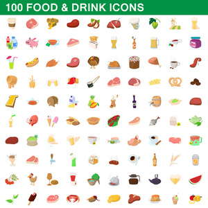 100 的食物和饮料图标设置 卡通风格