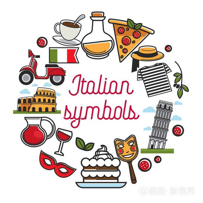 意大利标志海报与国家建筑和烹饪文化特色美食和著名建筑矢量插图