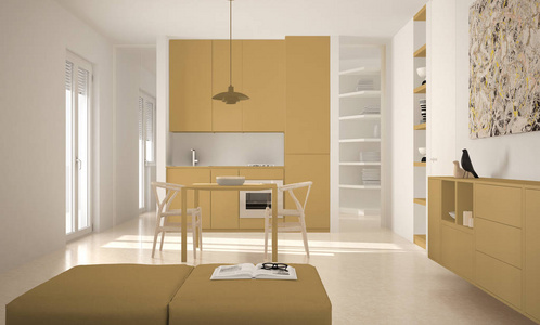 简约现代明亮的厨房与餐桌和椅子, 大窗户, 白色和黄色建筑室内设计