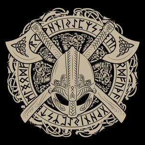 符文维京海盗的头盔,越过维京轴和斯堪的纳维亚模式和北欧符文的一环