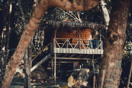 丛林中树木之间的木质沙滩小屋。荣 Samloem 岛, 日落滩。柬埔寨