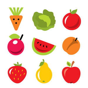 向量集的水果和蔬菜。收获的图标。平面样式色彩丰富的卡通插画