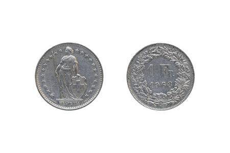 瑞士联邦货币硬币1法郎孤立的白色背景, 1968 年