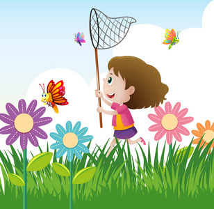 个孩子在花园里抓蝴蝶快乐与弹簧网蹒跚学步的男孩抓蝴蝶在花园里散步