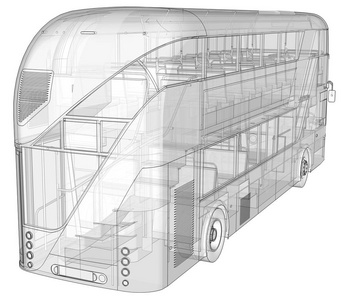 双层客车, 一种半透明的套管, 里面有许多内部元件和内部总线部件可见。3d 渲染