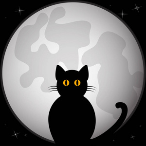 黑色的剪影, 猫坐在满月前。矢量插图