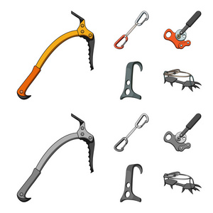 一个冰斧, 一个马枪和其他设备。登山集合图标在卡通, 单色风格矢量符号股票插画网站