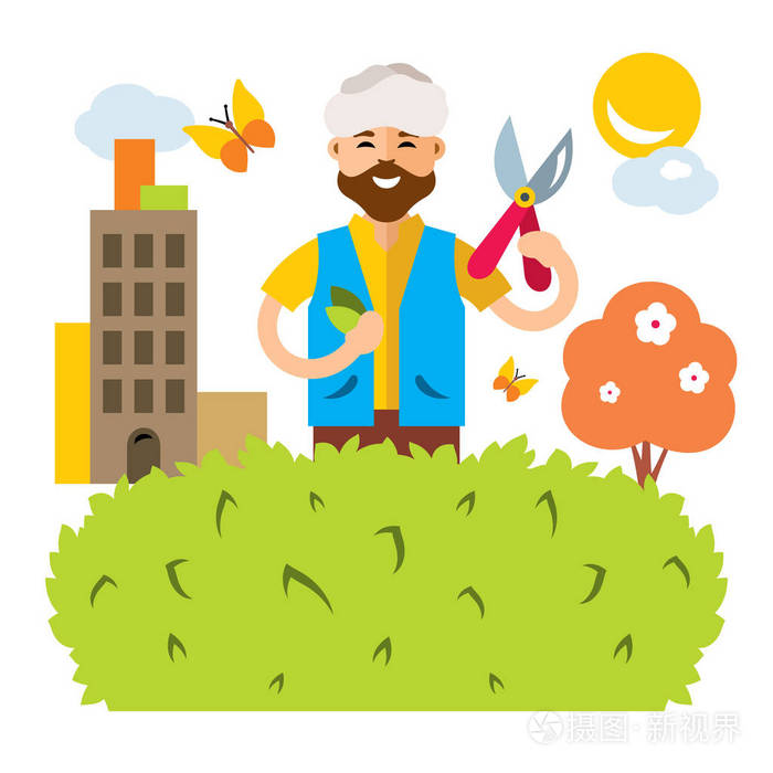 在城市中的矢量园丁.平面样式色彩丰富的卡通插画