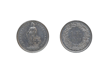 瑞士联邦货币硬币1法郎孤立的白色背景, 1987 年