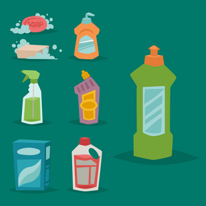 清洁剂瓶化学家务产品护理清洗设备清洗液体平面矢量图