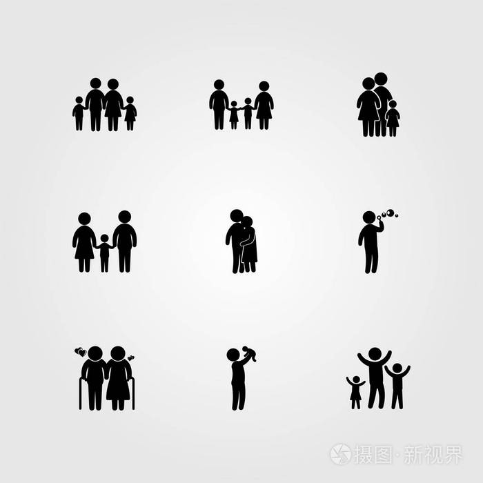 人图标集合向量.父亲与婴孩, 老人, 婴孩女孩和孩子演奏