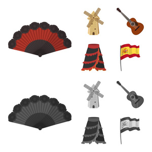 风扇西班牙语, 磨房, 吉他, 裙子为全国西班牙舞蹈。西班牙国家集合图标卡通, 单色风格矢量符号股票插画网站