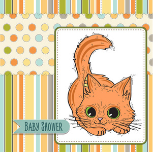 婴儿淋浴卡模板与滑稽的涂鸦小猫