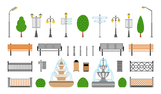 矢量城市 街道 公园和户外元素图标设置