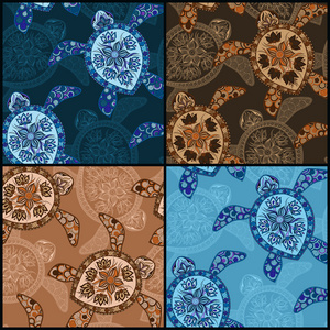 一套复古的无缝图案与海龟