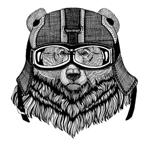 熊, 灰熊动物戴 motorycle 头盔。幼儿园儿童服装的形象, 孩子们。t恤, 纹身, 徽章, 徽章, 徽标, 补丁