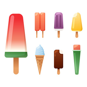 设置冰卡通多彩奶油甜点矢量插画西瓜食品甜冷孤立的图标小吃锥美味水果冷冻糖果集合
