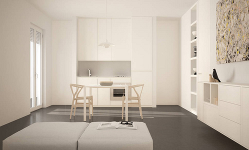 简约现代明亮的厨房与餐桌和椅子, 大窗户, 白色和灰色建筑室内设计