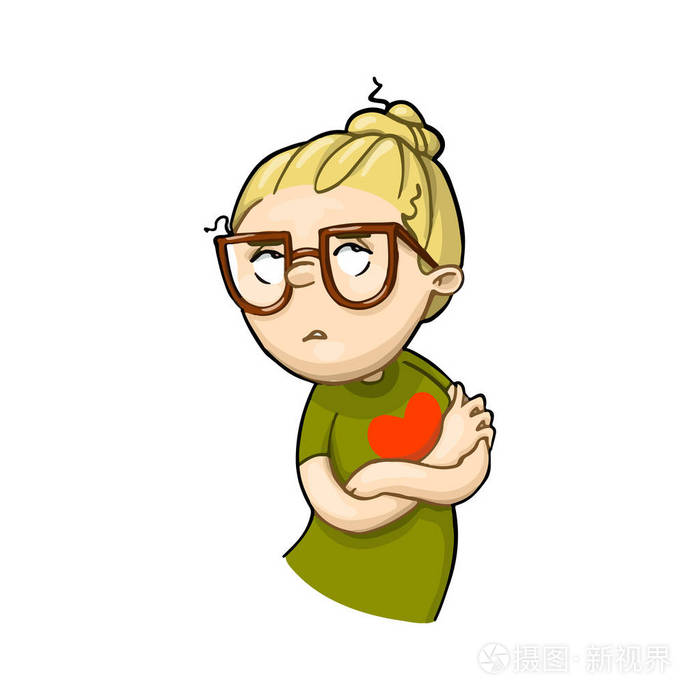 滑稽的怨恨卡通女孩在她的胸叉胳膊.矢量手绘插图