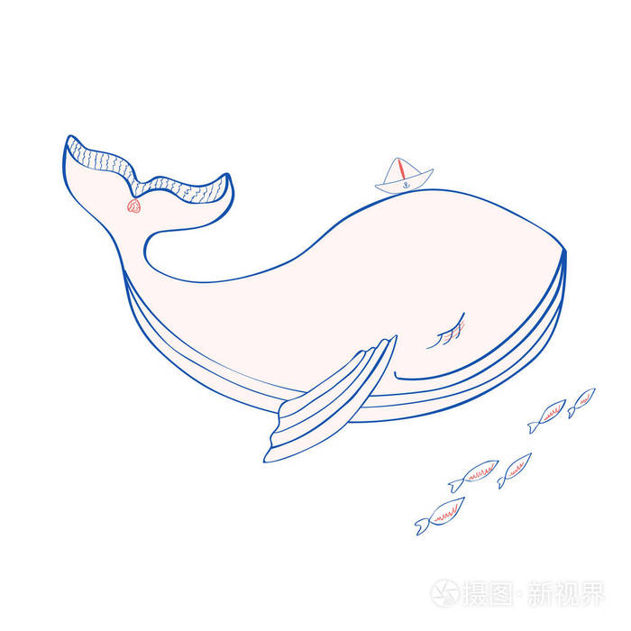 插画 蓝鲸的纸船在头上,卡通插图上白色背景, 矢量图形的多彩涂鸦动物