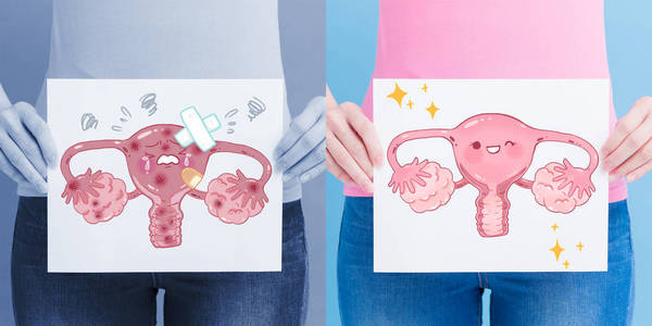 健康和不健康的子宫广告牌与健康概念的蓝色背景
