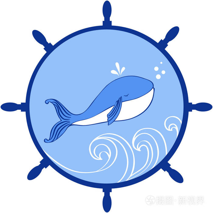 鲸鱼, 波分离蓝色圆形背景, 矢量涂鸦动物, 轮架, 角色设计贺卡,孩子