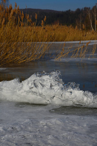 冰和水在结冰的湖的山附近